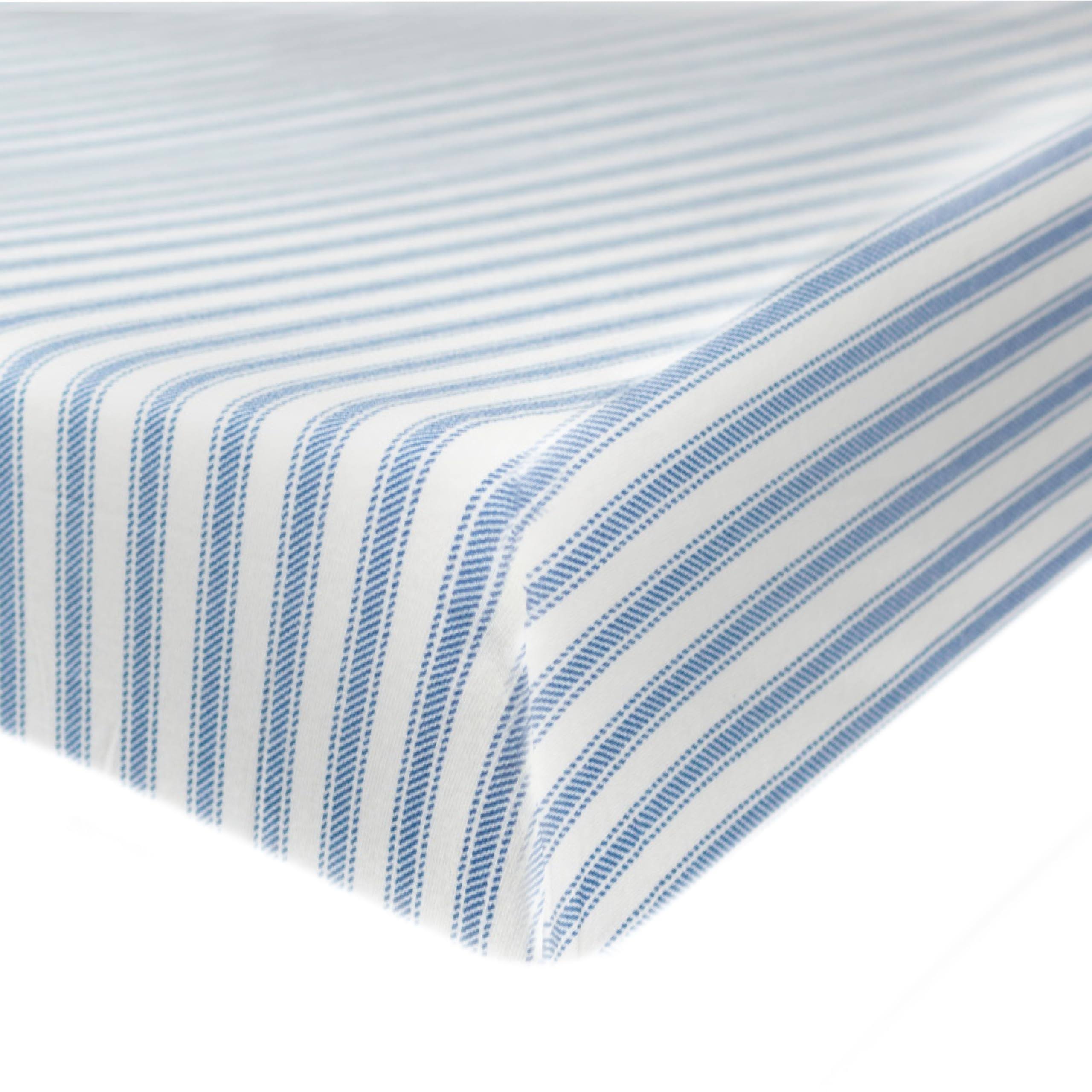 c5f5473512c080b9c6e2223b23ffb3deb9b2cc406e338970db52dcdb37a5d3f4.jpg Honest Baby Organic Cotton Fitted Crib Sheet - Blue Ticking Stripe - Image 1
