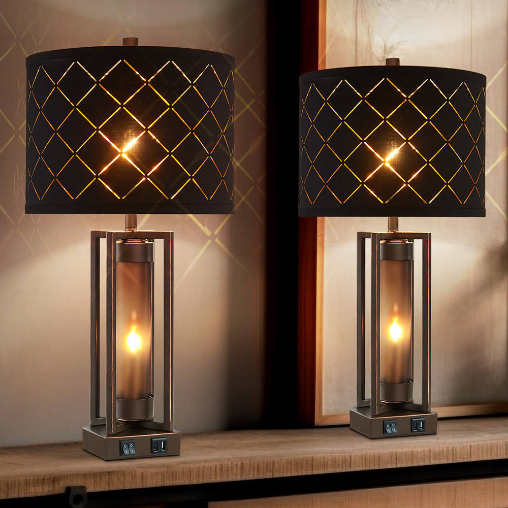 c6138d218b9f511c0d105d9f0a0eafa12012cdd42dbfea4d17822de01d1d706b.jpg 2pc Dover Castle Table Lamps W. Night Light & USB, Bronze Metal+Glass, Black Grid Lampshade - Image 1