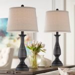 Regency Hill Ben Traditional Table Lamps Set of 2 Dark Bronze Metal Beige Linen Drum Shade for Living Room Family Bedroom Bedside -