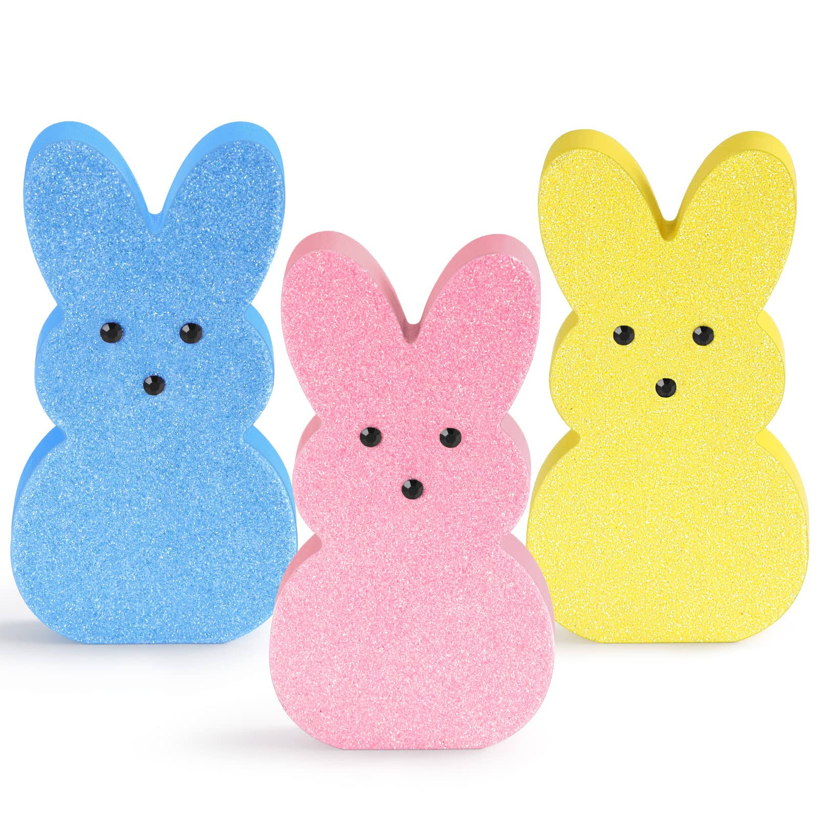 c65454be3de76f192069b884acb1c262251644ef9d628c73b2b3c52de7860070.jpg Easter Bunny Decor, 3 Pcs Glittery Easter Wooden Signs for Tiered Tray / Mantel - Image 1