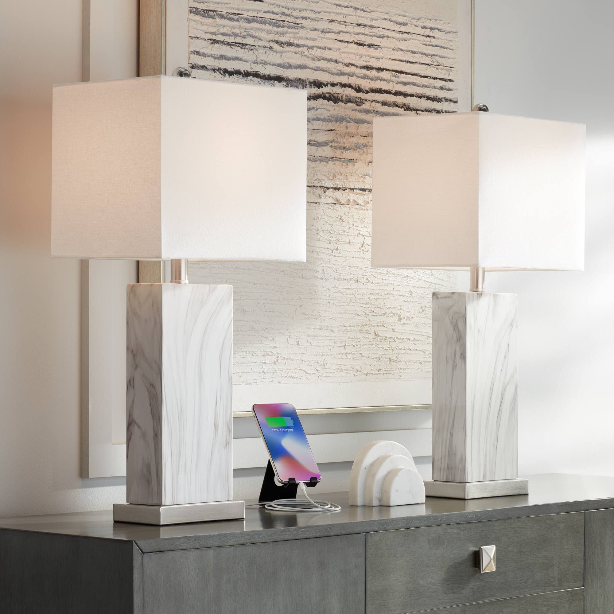 c671def6595e653a8d5a84b30e0f8f716ce14f2674345a89ed7f4b24e20af885.jpg 360 Lighting Connie Modern Table Lamps 25" High Set of 2 White Faux Marble with USB Charging Ports Rectangular Shade for Living Room Office Desk - Image 1