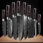 SENKEN 8-piece Premium Japanese Kitchen Knife Set with Laser Damascus Pattern - Imperial Collection - Chef's Knife, Santoku Knife, Bread Knife & More
