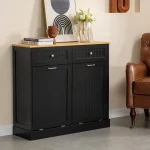 Reliancer Kitchen Trash Cabinet - Double Tilt Out Trash Cabinet with 2 Hideaway Drawers, Solid Wood Tabletop - Free Standing Recycling Cabinet - Pet Proof Trash Can Holder with Storage, Black