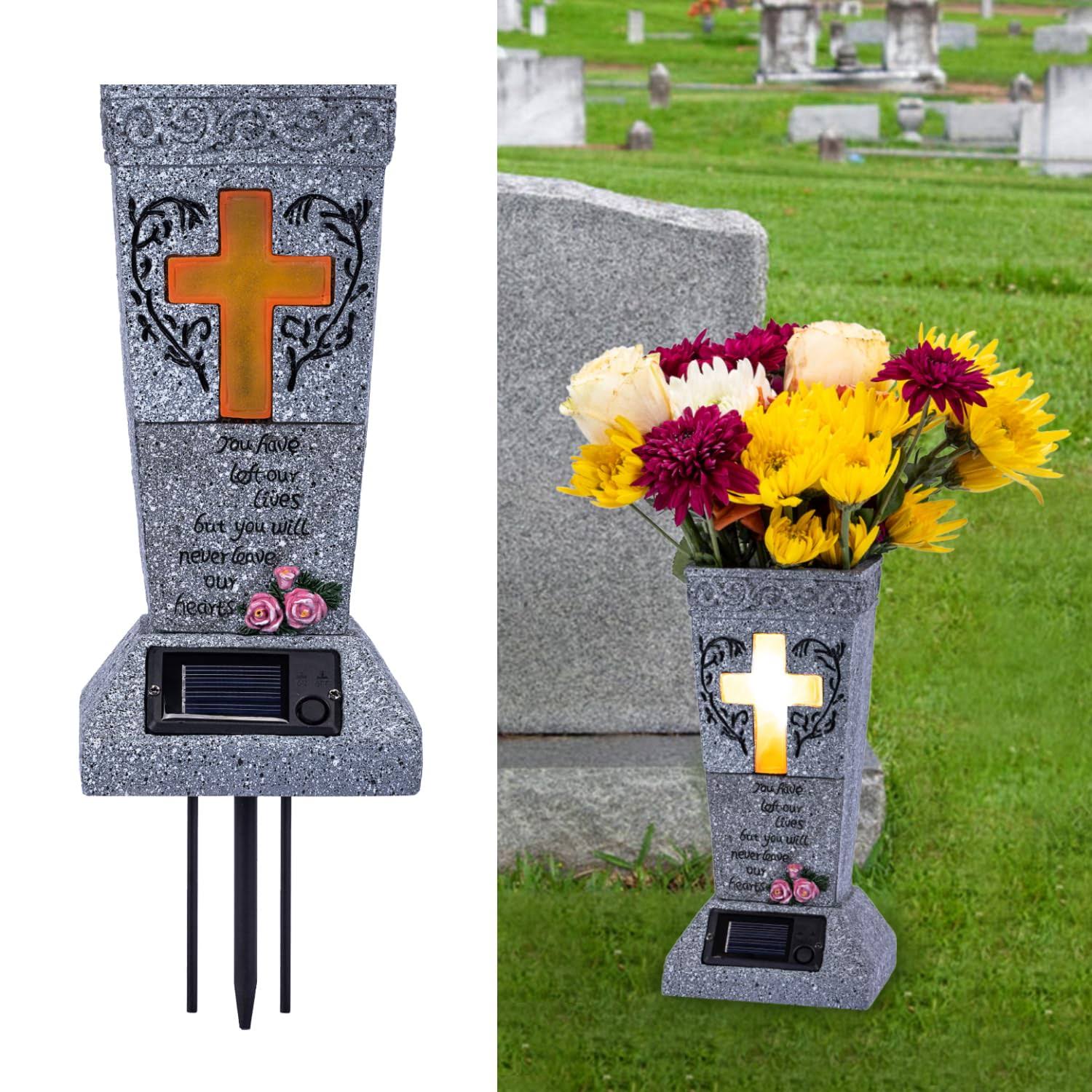 c780bb0d52ac4bb4e9ff1b4b31ddf3a01332d59a913414059c3d43639ee76617.jpg HUYIENO Solar Cemetery Grave Vase with LED for Fresh/Artificial Flowers Headstones Vases with Spikes Gravestone Decor Memorial Gifts for Loss of - Image 1