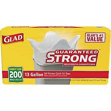 c78e945798d626e05d84b27ea56b21040c1cf13c38a092512a5d740623590d89.jpg Glad Tall Kitchen Quick Tie Bags, 13 Gallon - 200 count box - Image 1