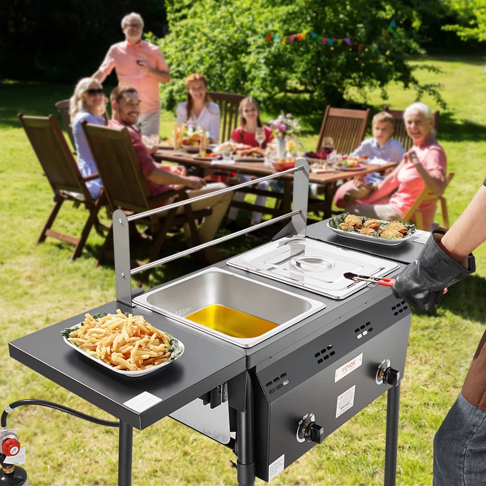 c79454919b5c6331d8742761bda1751ee41aeeefabf1ea2fca308916d1bcf316.jpg Bentism 16 qt Double Burner Outdoor Propane Deep Fryer Steel Cooker Dual Baskets - Image 1