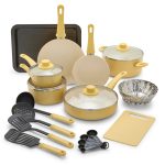 GreenLife 18-Piece Soft Grip Toxin-Free Healthy Ceramic Non-Stick Cookware Set, Yellow, Dishwasher Safe