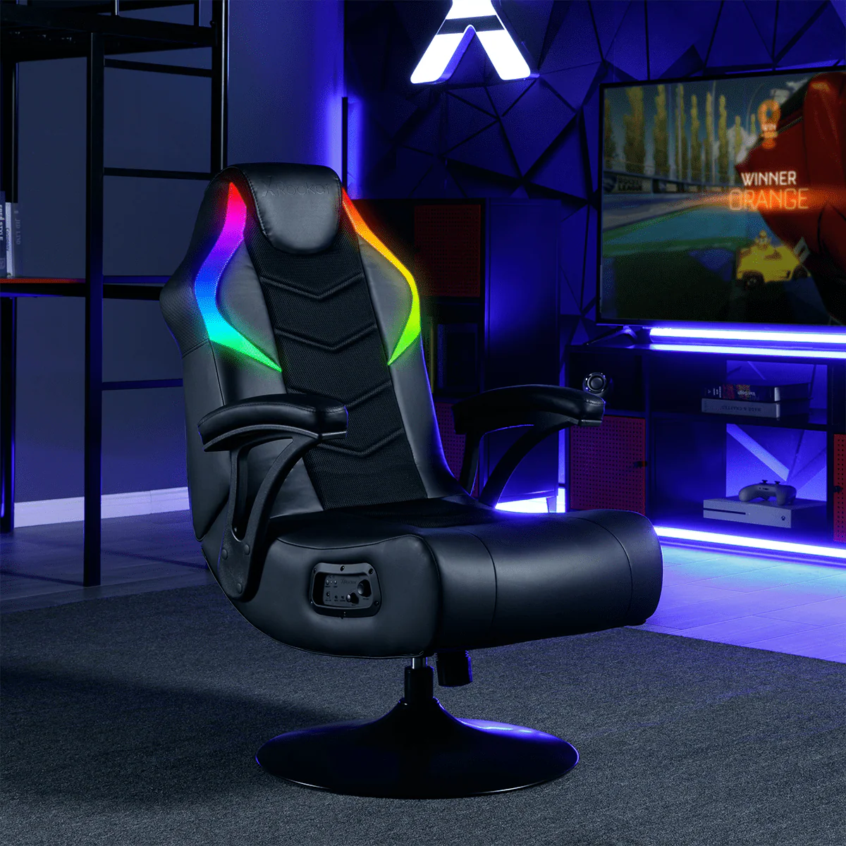 c7e9d2c6f5610de04b686ec2a2a07fb37f2cf6066fce6db46e6f297d7d326e87.webp X Rocker Nemesis RGB Pedestal Gaming Chair, Black Mesh, 31.89" 26.97" 40.94" - Image 1