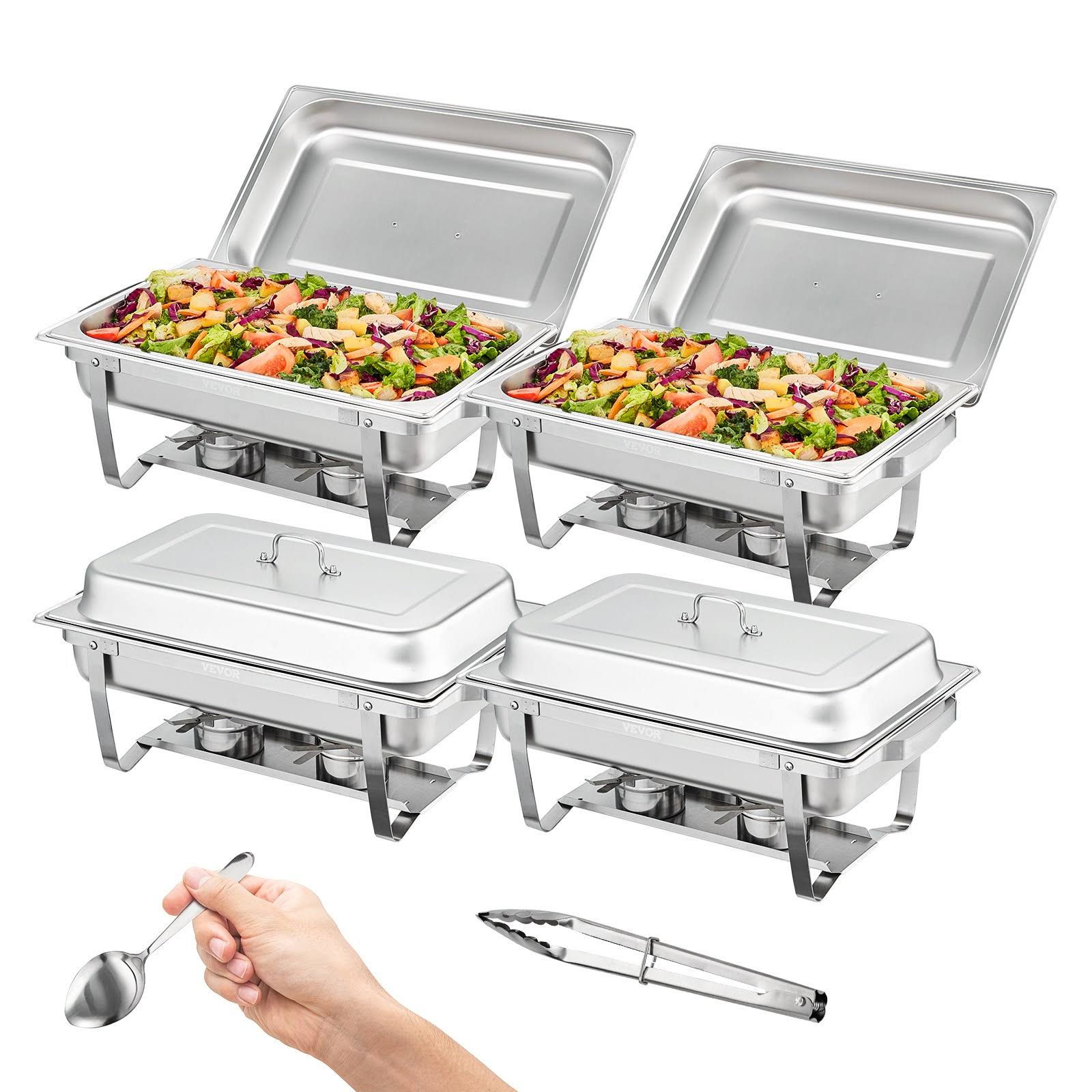 c80823d118d32f872d2c47ec3185cfc722fbb95070f88605d89212512b65ae3a.jpg VEVOR 8 Qt. Chafing Dish Buffet Set Stainless Chafer with 4 Full Size Pans Rectangle Catering Warmer Server (4-Pack) - Image 1