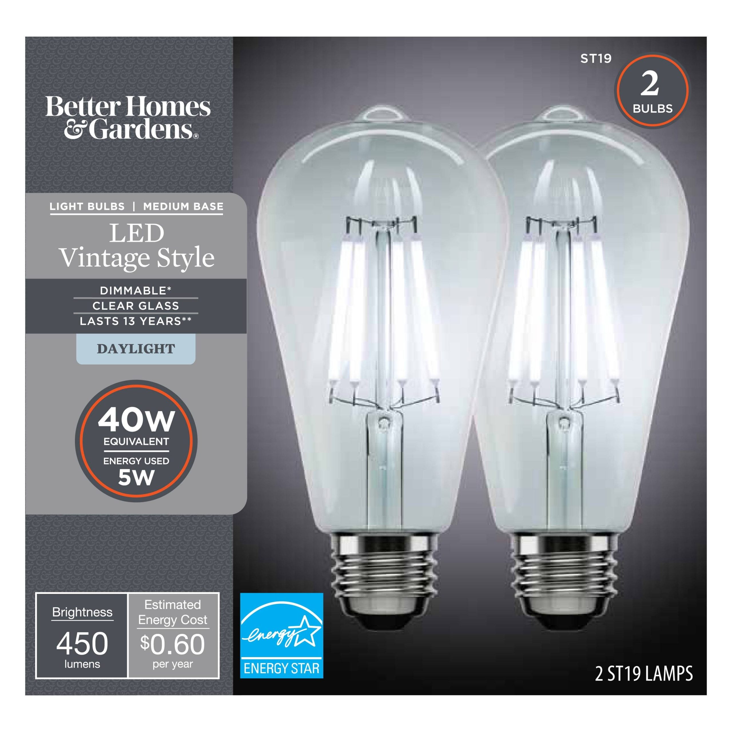 c82eef0d3c9d02d3b66d3902d900544124761c95a348d469d0176be588b3535d.jpg Better Homes & Gardens LED Vintage Style Light Bulb, ST19 40 Watts Daylight Classic Filament, Medium Base, Dimmable - 2 Pk 41547 - Image 1
