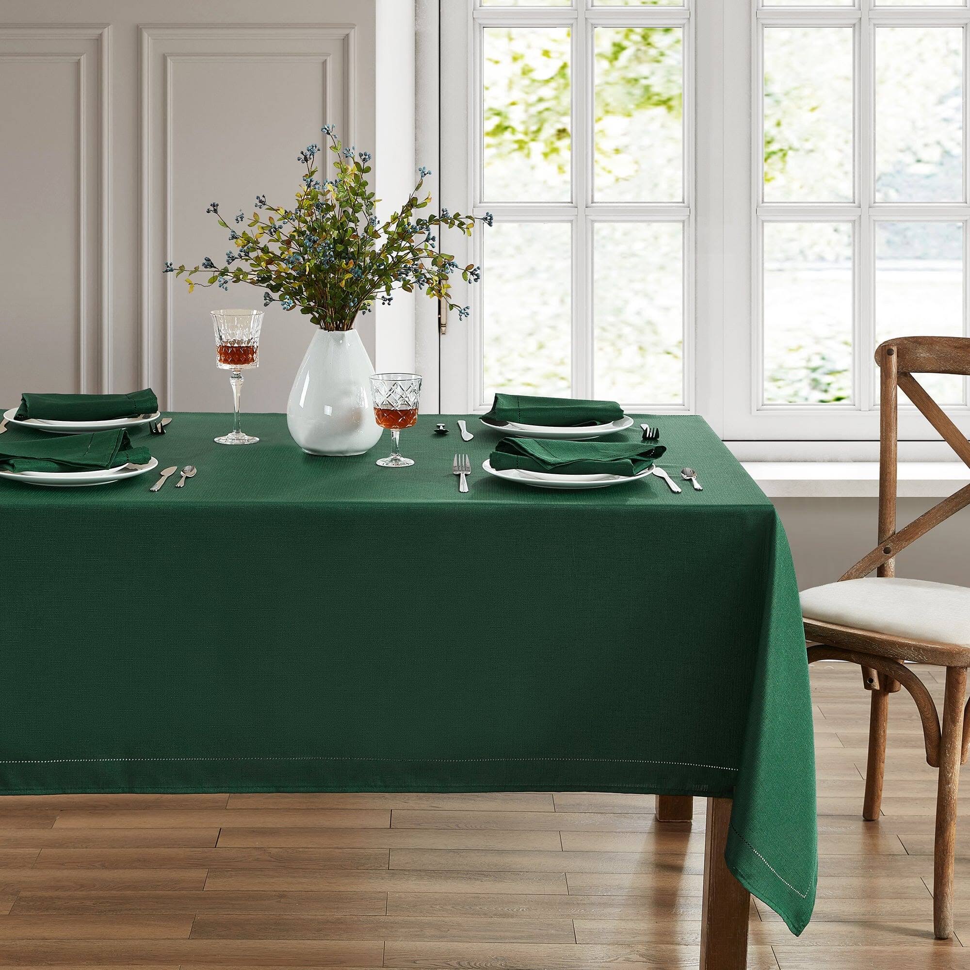 c83eb7862b7bc7936445c57a0fb1fc31323a19053c1530748fab9359027fdc4d.jpg Alison Hemstitch Border Fabric Tablecloth - 52" Square - Forest - Image 1