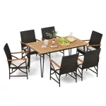 Tangkula 7 Pieces Patio Dining Set with Acacia Wood Dining Table, Rattan Armchairs, Soft Cushions