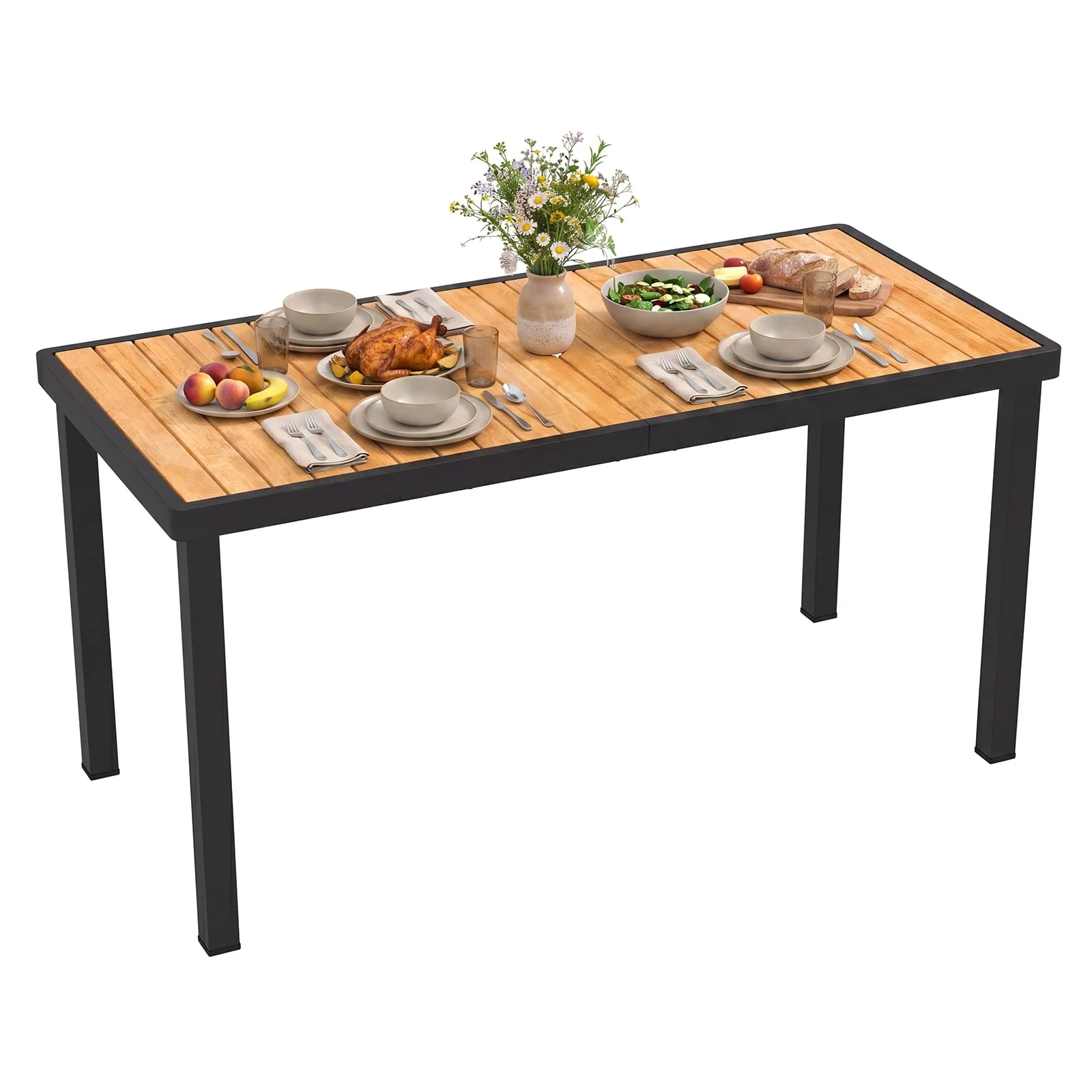 c882fecae99921ed46840715fe3e8cb38461383bac55de6917076f3c3f6fa8db.webp Tangkula 58" Rectangular Patio Dining Table for 6 Acacia Wood Outdoor Table - Image 1