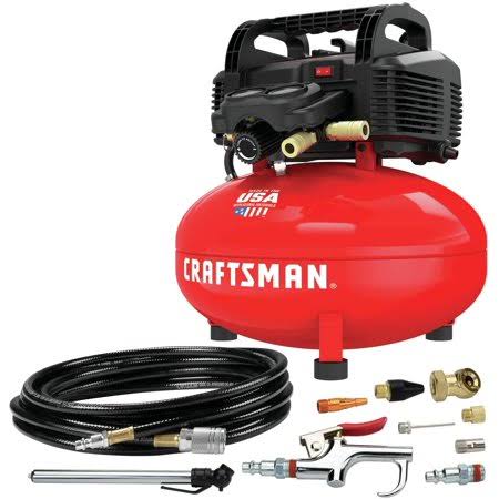 c8d9c3290a9009e061b708f6caac54c74250052b579c1401f4d113d3fc31b365.jpg Craftsman Air Compressor, 6 Gallon, Pancake, Oil-Free with 13 Piece Accessory Kit (CMEC6150K) abc2773 - Image 1