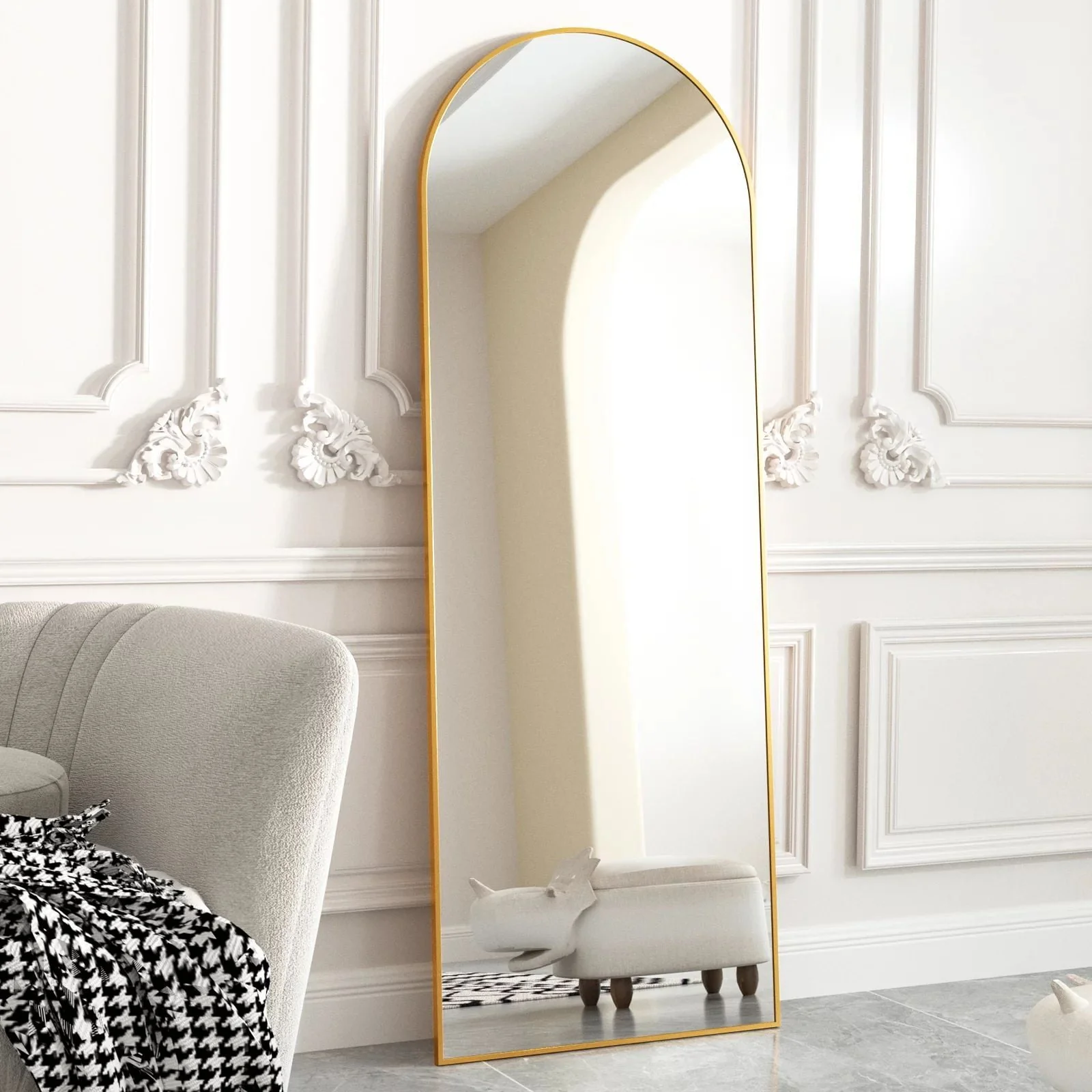 c8fc393f002eac169536e796108a72be823144ce86e482df481ad57648669629.webp BEAUTYPEAK Arched Full Length Floor Mirror 64"x21.1" Full Body Standing Mirror, Gold - Image 1