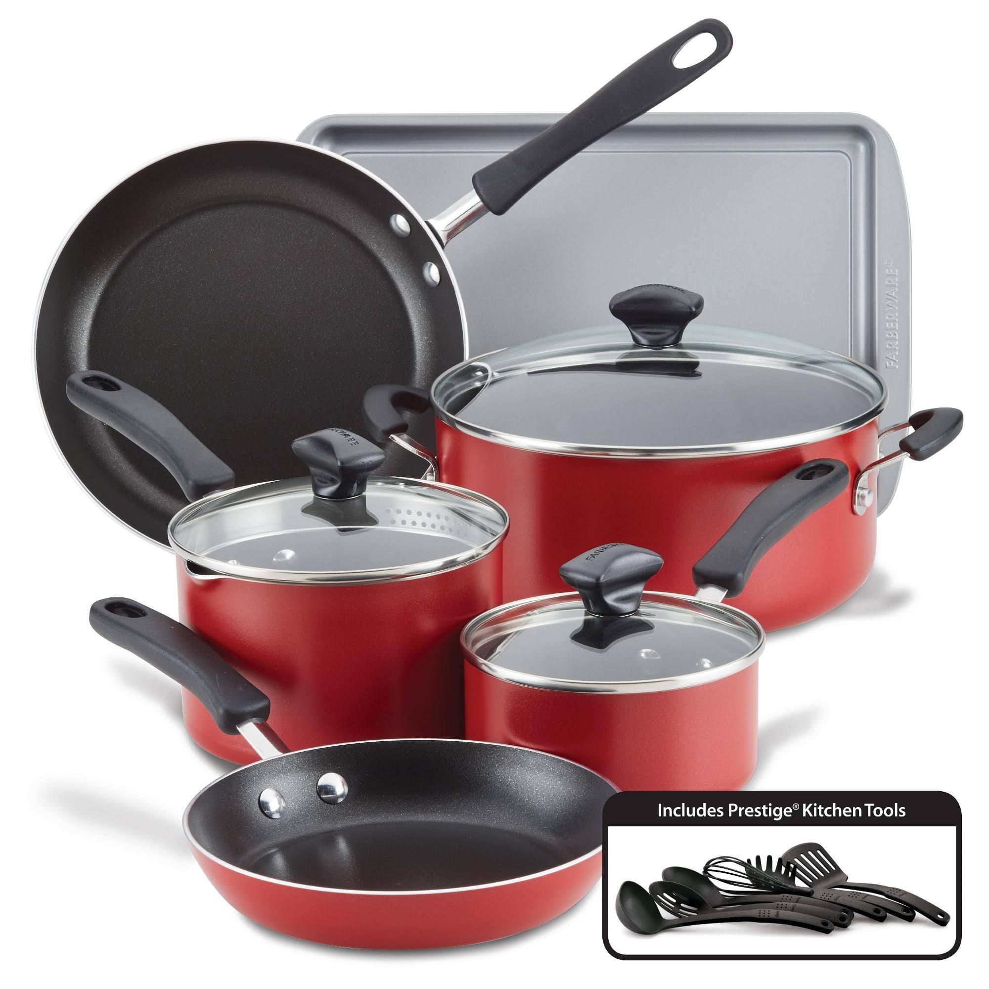 c9073c17da641dae16a63b005d1291456aba8073c43e91c5210874277ddc0876.jpg Farberware 15-Piece Cookstart Nonstick Aluminum Cookware Set - Red - Image 1