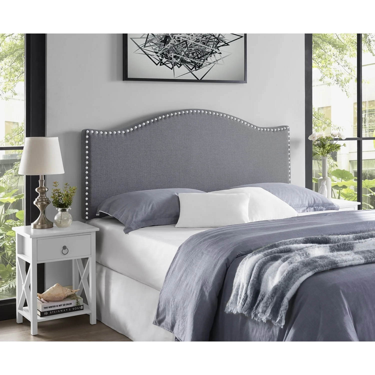 c92825f73fea3d3cf8152f427131c7e7b40380e51d9810c0ba9d4d91a5712f28.webp Home Imports Emporium Catalina Upholstered Headboard with Nailhead Trim, Height Adjustable Headboard, Modern Head Board, Fabric Headboard Queen, Light - Image 1