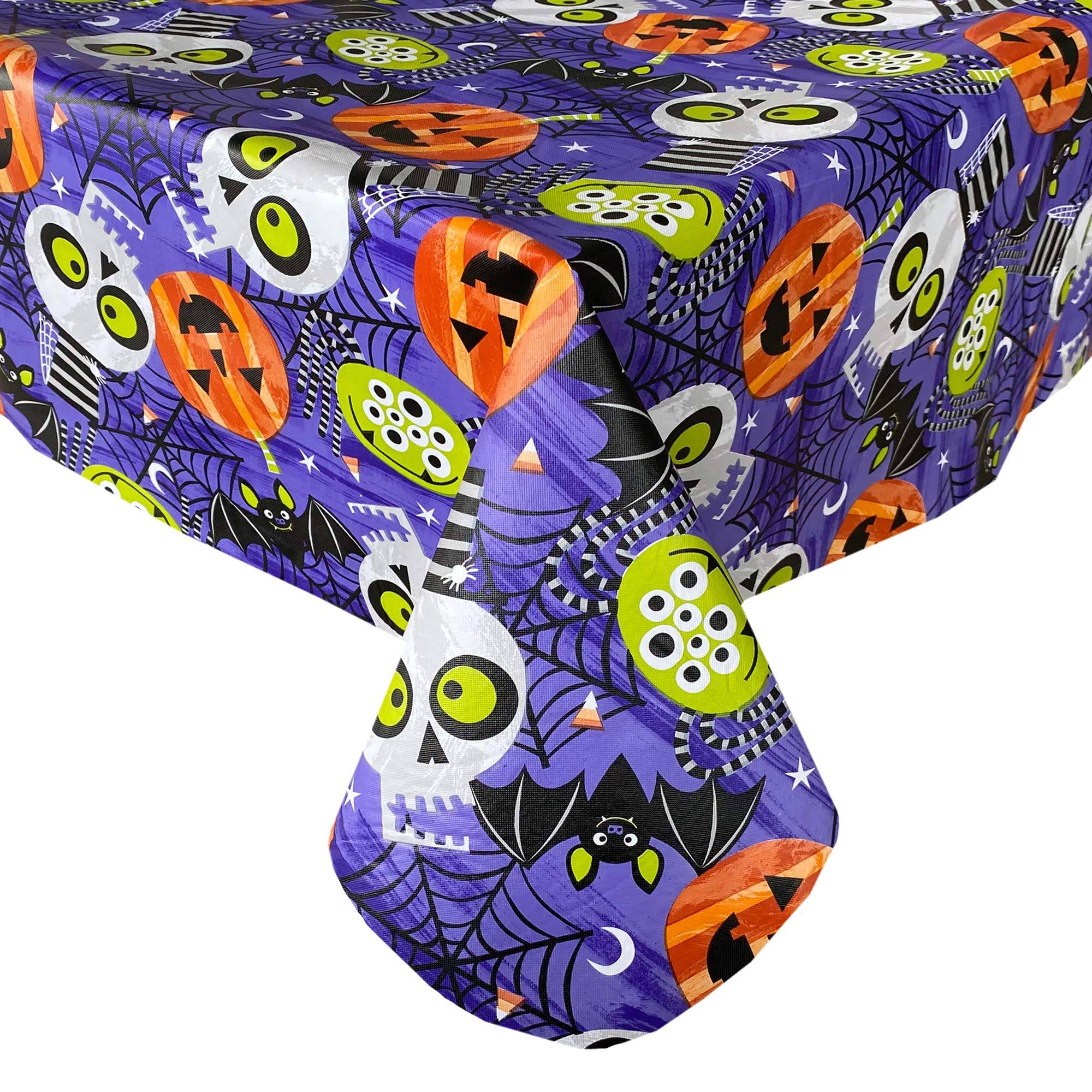 c93cdf70a17313b1caafd22e50d859478bb4974b40dfd7b93c5f74e44ce68ff5.jpg Newbridge Ghoulish Gang Whimsical Halloween Vinyl Flannel Backed Tablecloth, Spooky Skulls and Bats Halloween Vinyl Tablecloth with Flannel Backing, - Image 1