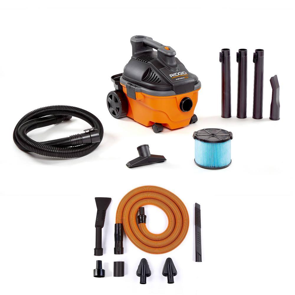 c9b4f2c796c940f4518bded0404f9222318d8a80499fc1c8c60136067fb529c5.jpg Ridgid 4 gal. 5.0-Peak HP Portable Wet/Dry Shop Vacuum with Filter, Hose, Accessories and Premium Car Cleaning Kit - Image 1