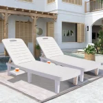 Patio Lounge Chair Set of 2, Adjustable Chaise with Side Table, Outdoor Lounger Recliner for Poolside, Patio, Backyard, Wood Texture Design | Waterproof | Easy to Assemble | Max Weight 330 lb White