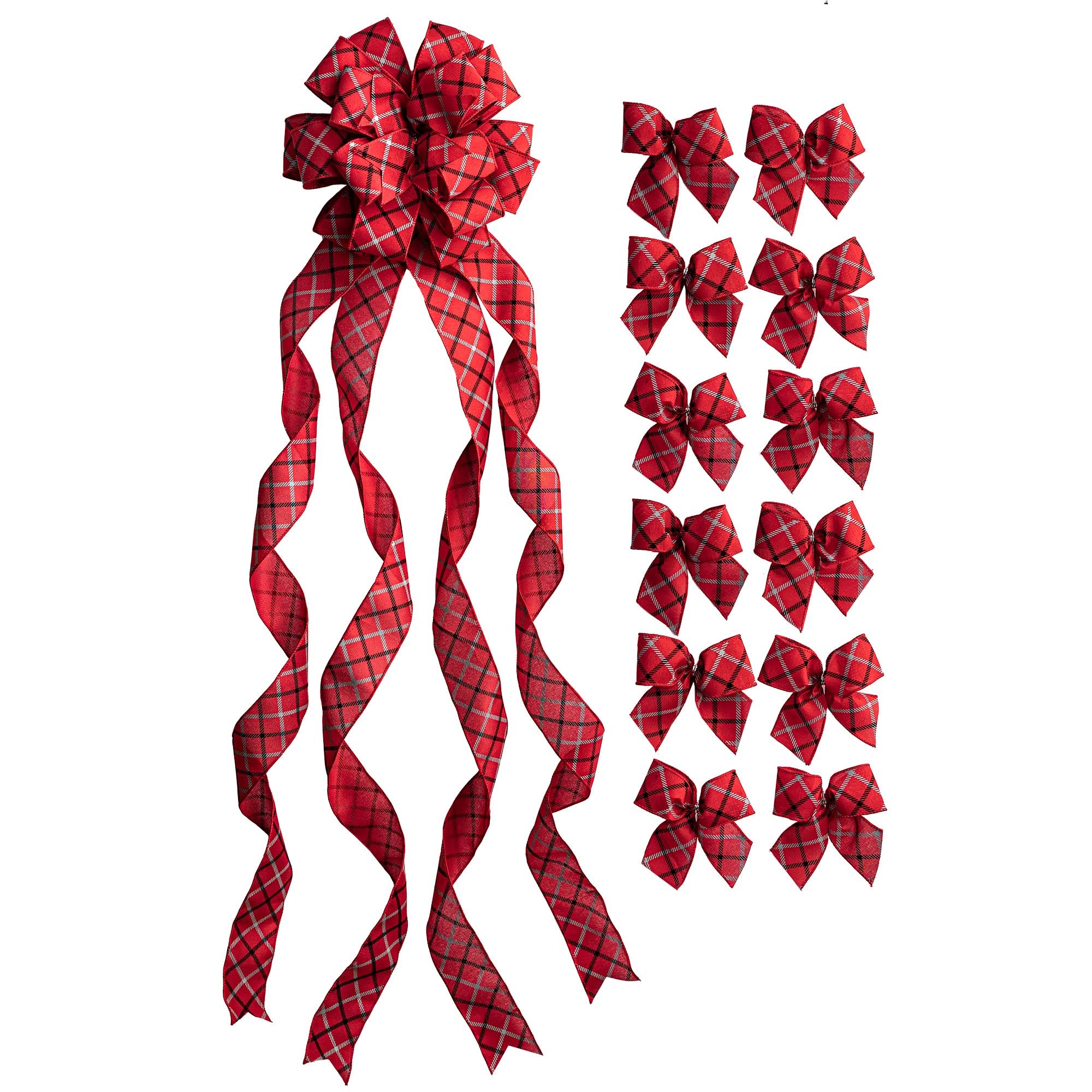 ca1c6cd9ee21cc7a28fa3858a4c35e8f3d166ef61e17fa041abe116d57e711ac.jpg New Traditions Simplify Your Holiday Red, Black and Gray Large Windowpane Plaid Ribbon Christmas Tree Topper Bow and 12 Mini Bows (13-Pieces) - Image 1