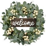 Sggvecsy Green Eucalyptus Wreath with Welcome Sign 20in Artificial Eucalyptus WR