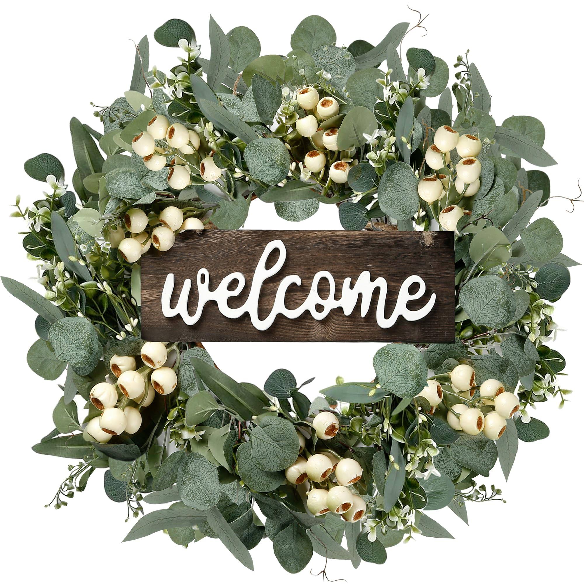 ca3f2f727bfc20ea256e77bb395cb7d91df5f4b5f8bff7f7f1f830d04e1d13b1.jpg Sggvecsy Green Eucalyptus Wreath with Welcome Sign 20in Artificial Eucalyptus WR - Image 1