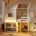 Twin Loft Bed with LED Lights, Wooden House Bed with Roof, Window, Storage Bookshelf, Ladder, Safety Guardrails & Under-Bed Play Space for Kids