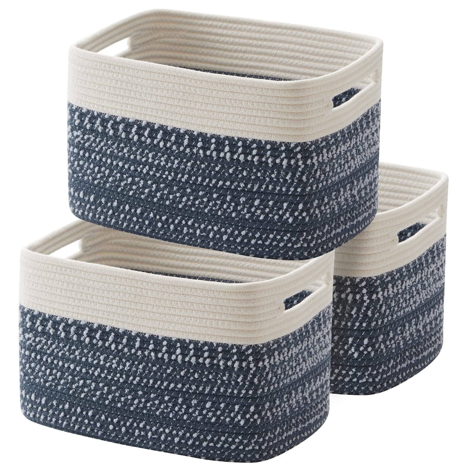 ca7c1d61dbc08474d1487eae2f21706649efa4c239aa9984a86b08f2f9283ab6.jpg OIAHOMY Storage Basket, Woven Baskets for Storage, Cotton Rope Basket for toys,Towel Baskets for Bathroom - Pack of 3,White Blue - Image 1