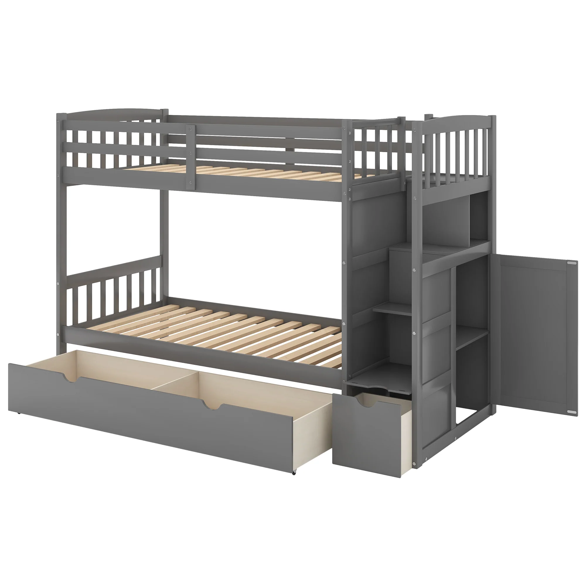 ca9a25734584035042e44330370816e2c65961fc866da317cfed8dd738278fef-1.webp AECOJOY Twin over Full/Twin Convertible Bunk Bed with Storage Shelves and Drawers, Grey - Image 1