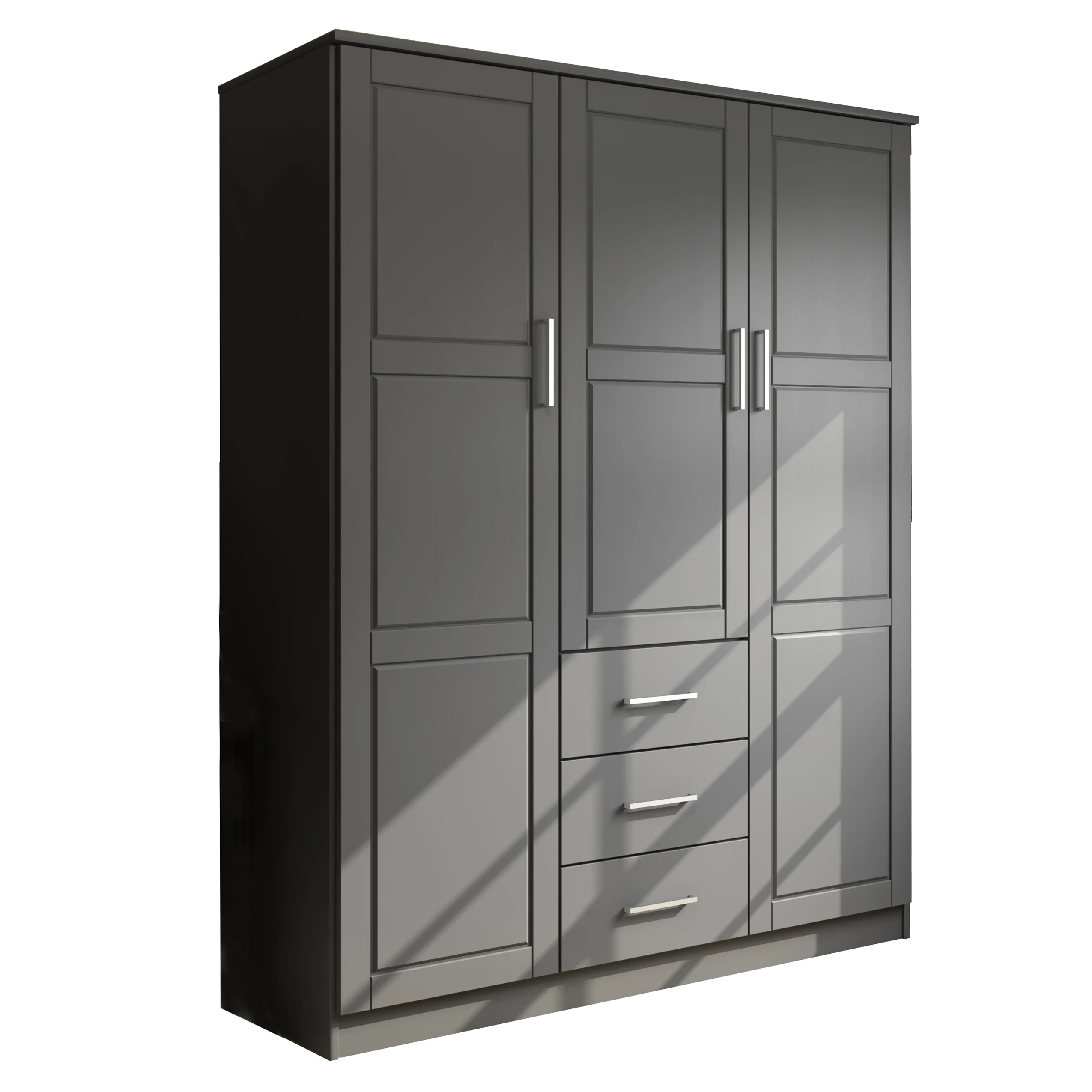 caa15be053e7ad1c134233a29f168f5c5c55d85e2276e5aace2c9328bc300759.webp 100% Solid Wood Cosmo 3-Door Wardrobe with Raised Panel Doors. Gray - Palace Imports 7115D - MadeInUSA - Image 1