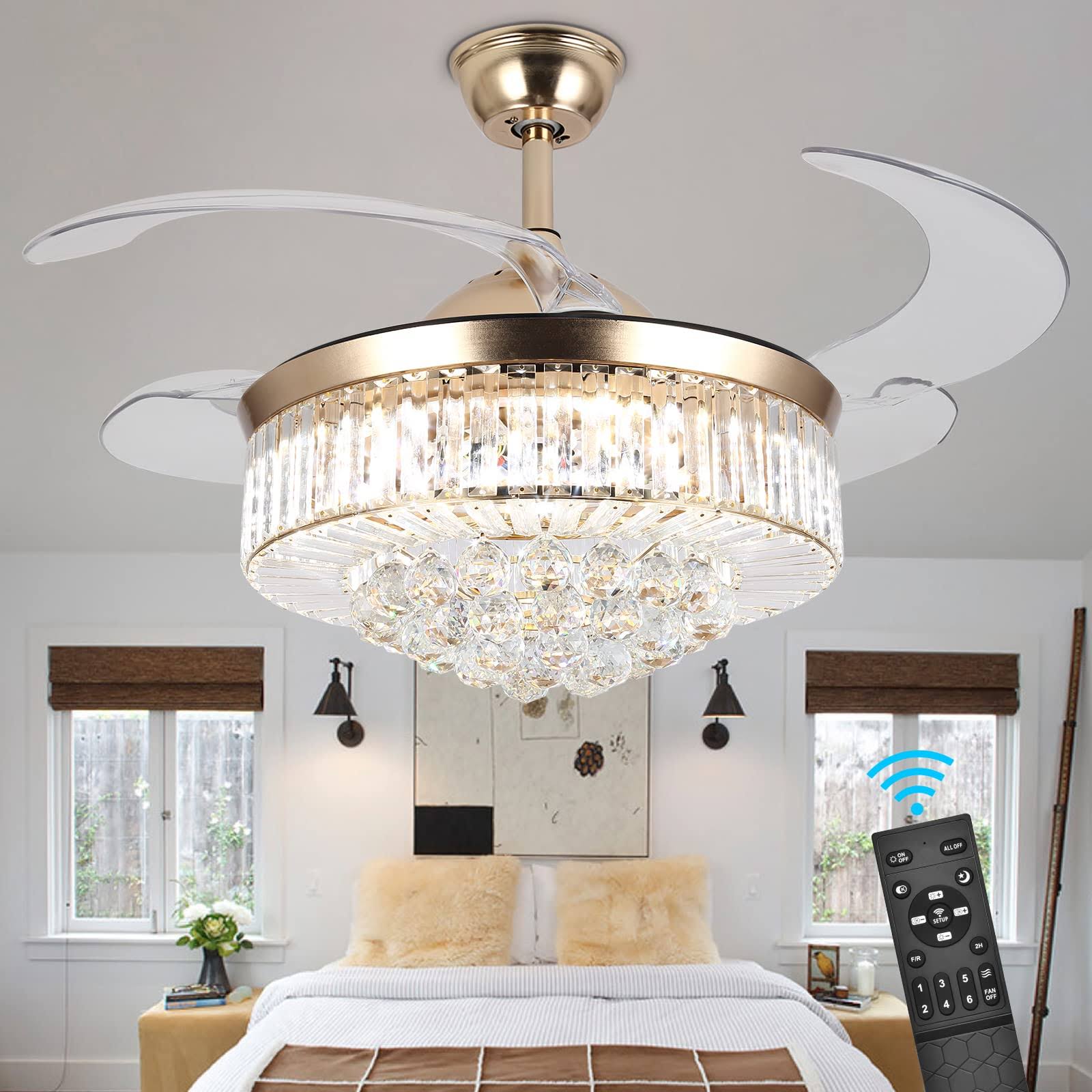 cacc5047abfa50eaab2439b25bfe4eb845e2b1e41003531111e7cd252765e2f7.jpg Panghuhu88 36" Invisible Ceiling Fan Chandelier Light,Modern Crystal Ceiling Fan Light Remote Control 4 Retractable ABS Blades for Bedroom Living Room - Image 1