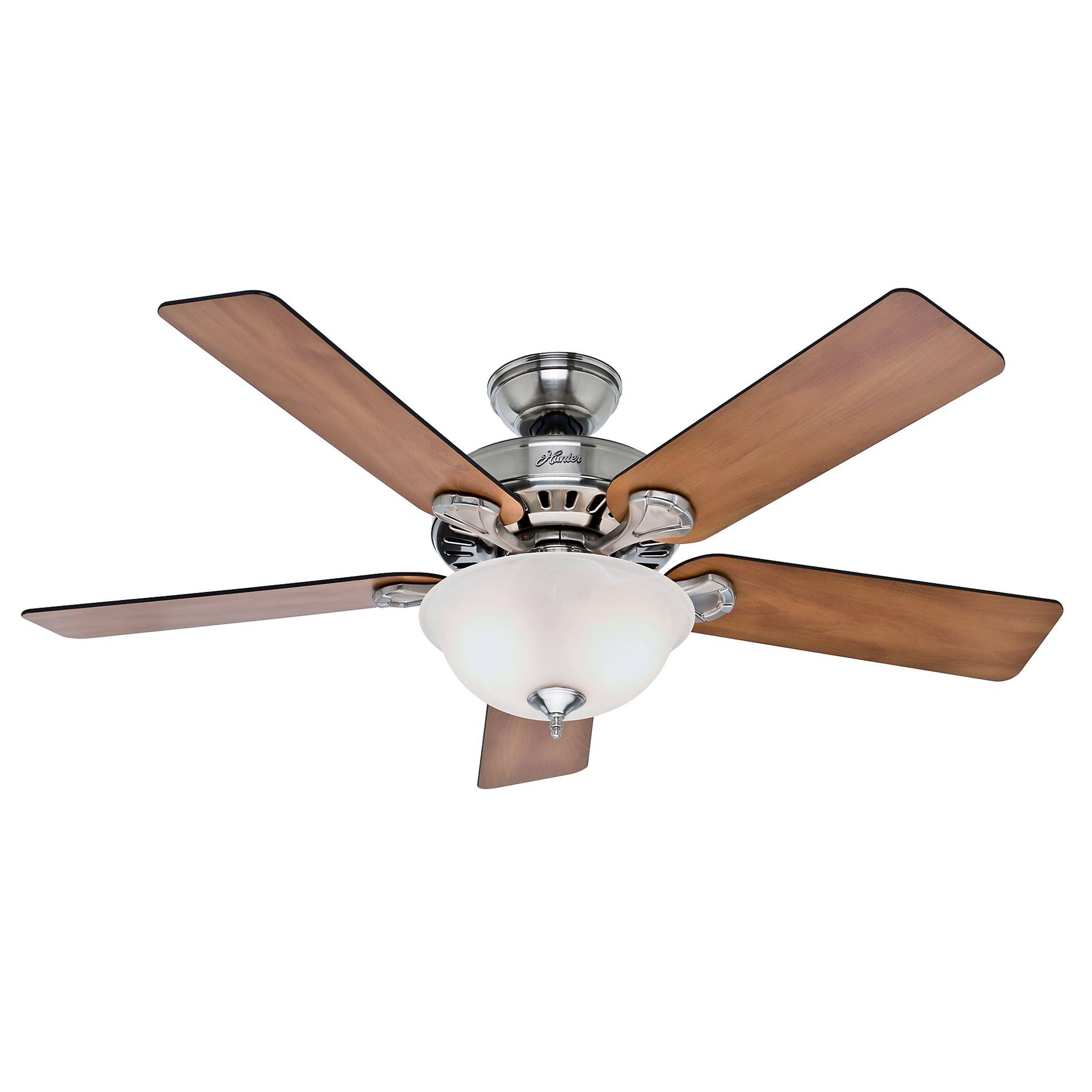cad0e223c999836c4b321e420d0b9bc4fbd469d86606f7c1b775b7e3e521174f.jpg Hunter Pro's Best Five Minute 52" Ceiling Fan with Light - Brushed Nickel - Chestnut/Blackened Rosewood Blades - Image 1
