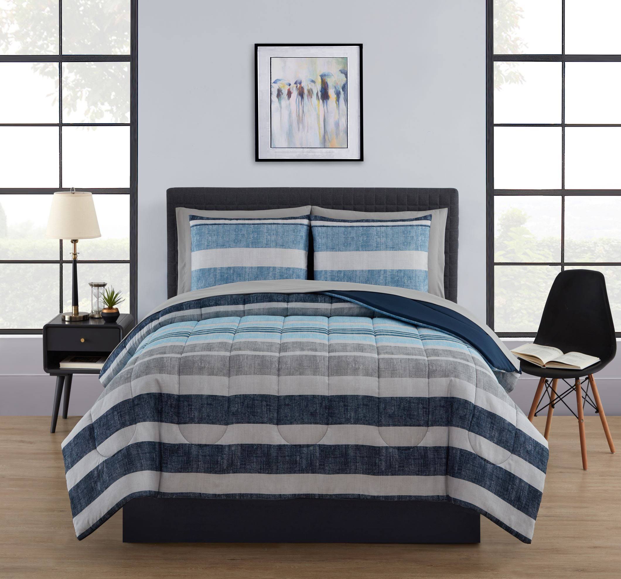 cadf148c0dc9b53b1fde019b585ffa40c3ecf1d839f6eac0f3c8b92464069a95.jpg Mainstays Stripe Bed in A Bag Comforter Set with Sheets - Blue - Full Each - Image 1