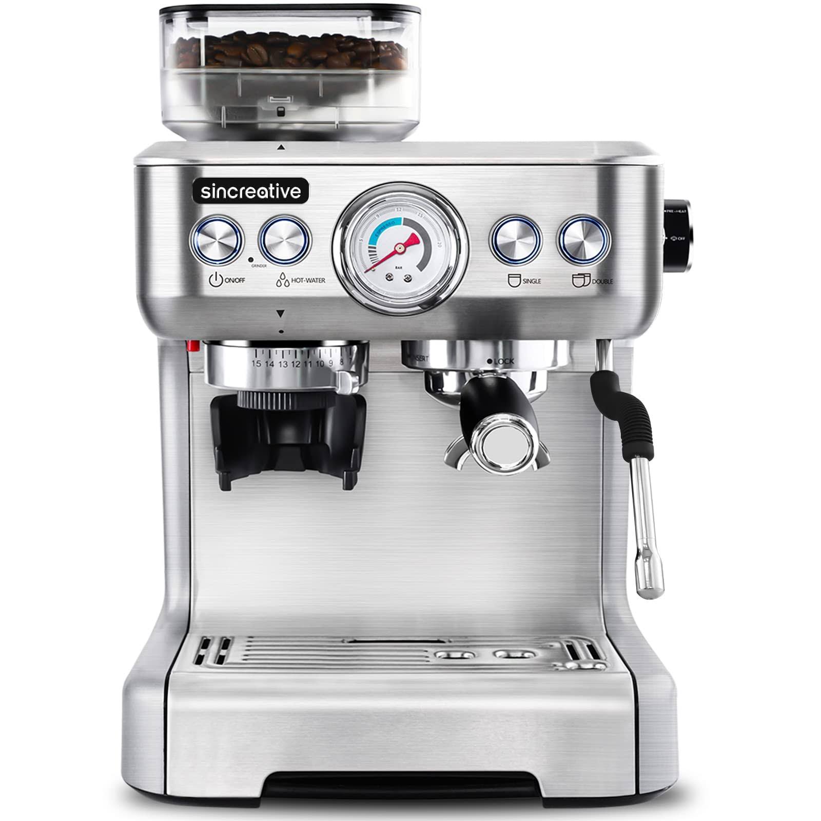 cb9cf6296c71cccd00a8de53f4aad4996e6baa2ea4bb7c17a3442cb9a4ede8ae.jpg Sincreative Espresso Machine & Coffee Maker - 20Bar Semi Automatic Espresso Machine with Grinder & Steam Wand ÿ All in One Espresso Maker & Latte - Image 1