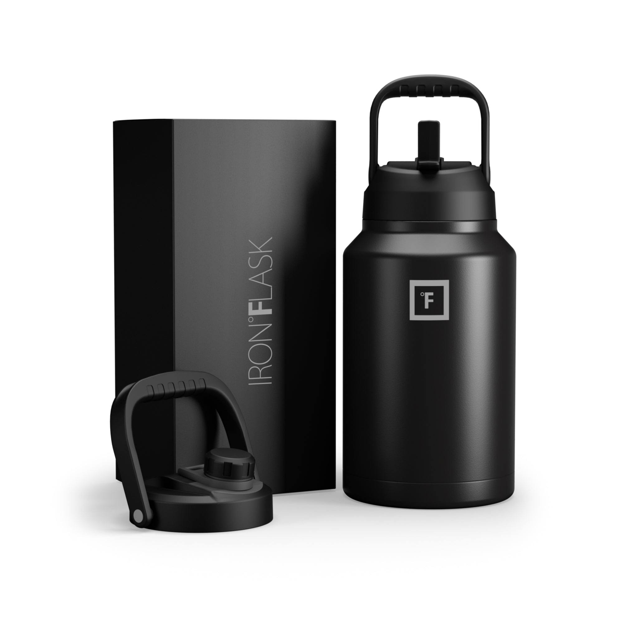 cb9fd0b4054a238d1148db365a6d9323047d4d6e852560879bdd100be4f9d340.jpg Iron Flask One Gallon Water Bottle with Straw and Spout Lids Midnight Black - Image 1