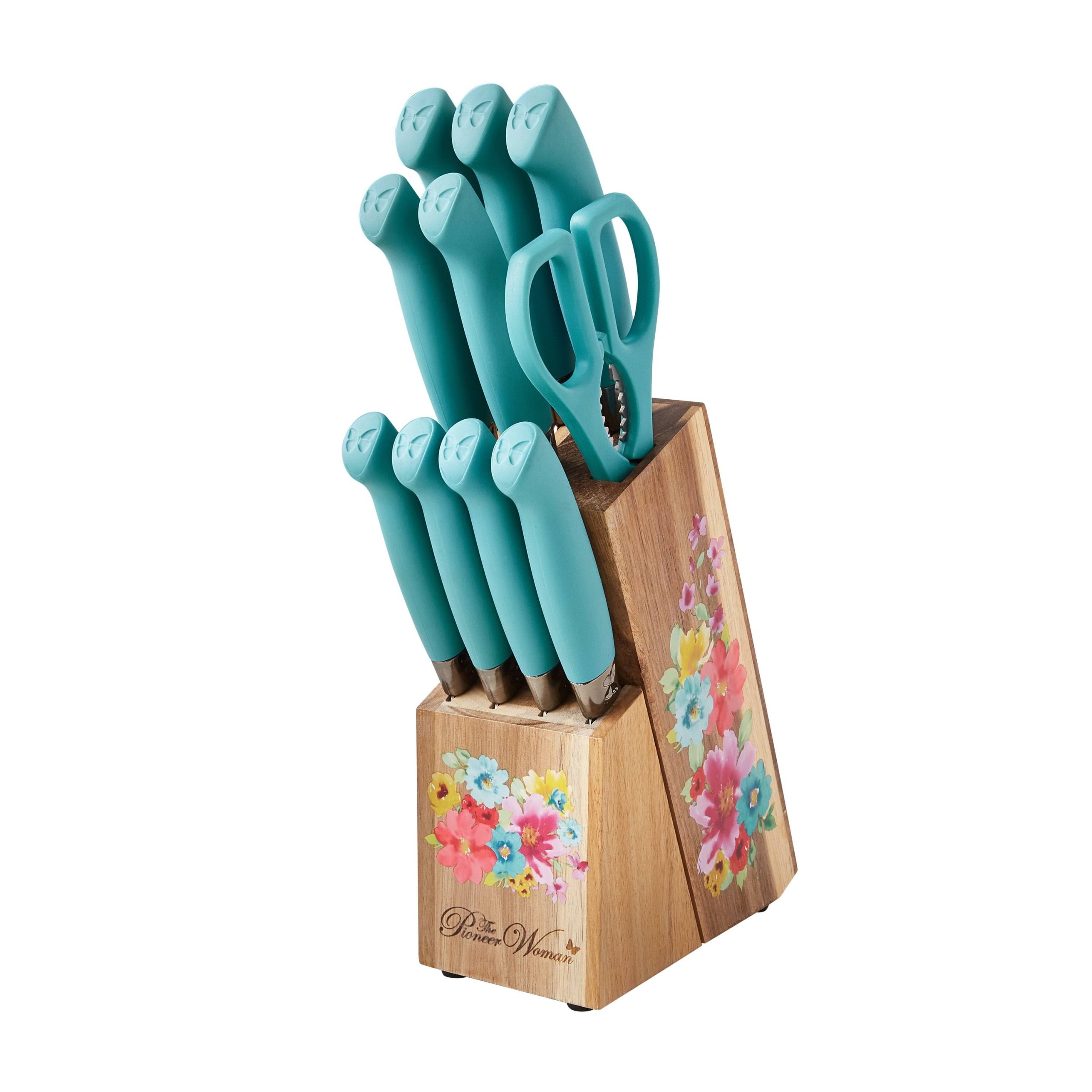 cbcde227e8dd908f960165ee936b3132099a520daa6d10f8a405b4eb759cb4c4.jpg The Pioneer Woman Breezy Blossoms 11-Piece Stainless Steel Knife Block Set, Teal - Image 1