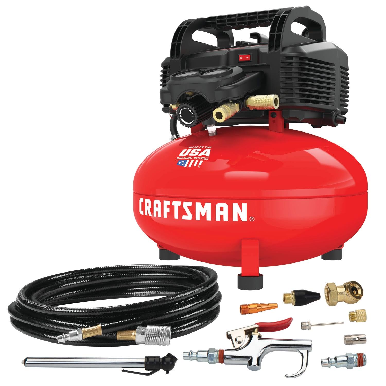 cc30461aa2a172fecd9208ca3e65a0995c04bb563113593b3b09815853753de1.jpg Craftsman Air Compressor, 6 Gallon, Pancake, Oil-Free with 13 Piece Accessory Kit - Image 1
