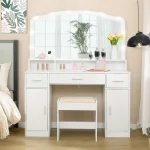 USIKEY Large Vanity Set with Large Lighted Mirror, Modern Makeup Vanity Table with 3 Drawers, 2 Storage Cabinets & 10 LED Bulbs and Cushioned Stool for Women, Bedroom, Whiteszt32wd