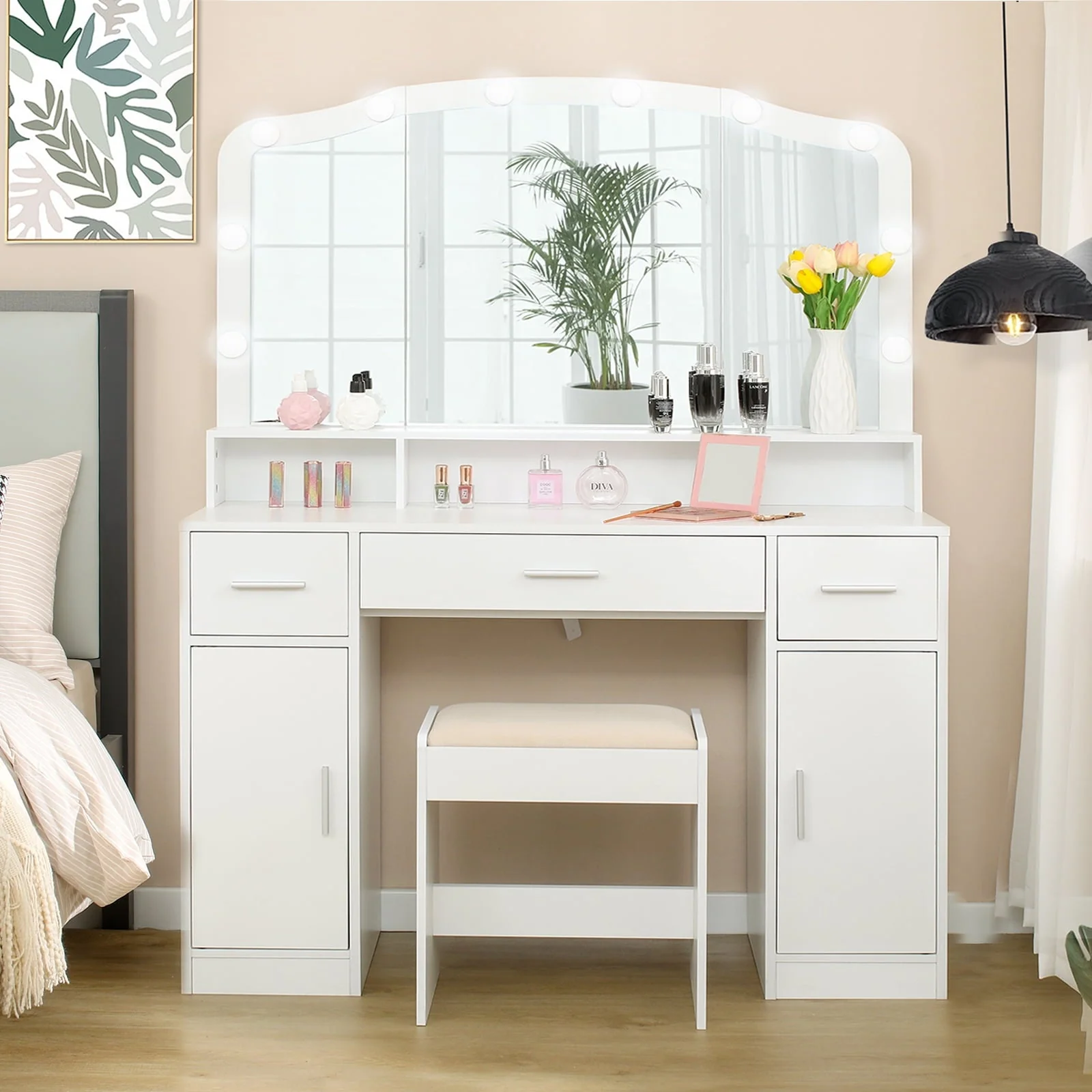 ccb1d13f6fef6839c9296f9c6f3ce2ca6506a89b56536e0979a65dd425fdb9fc.webp USIKEY Large Vanity Set with Large Lighted Mirror, Modern Makeup Vanity Table with 3 Drawers, 2 Storage Cabinets & 10 LED Bulbs and Cushioned Stool for Women, Bedroom, Whiteszt32wd - Image 1