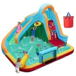 6-in-1 Inflatable Water Slide Park, Giant Bounce House with Splash Pool, Long Slide, Soccer Goal & Climbing Wall for Kids Backyard