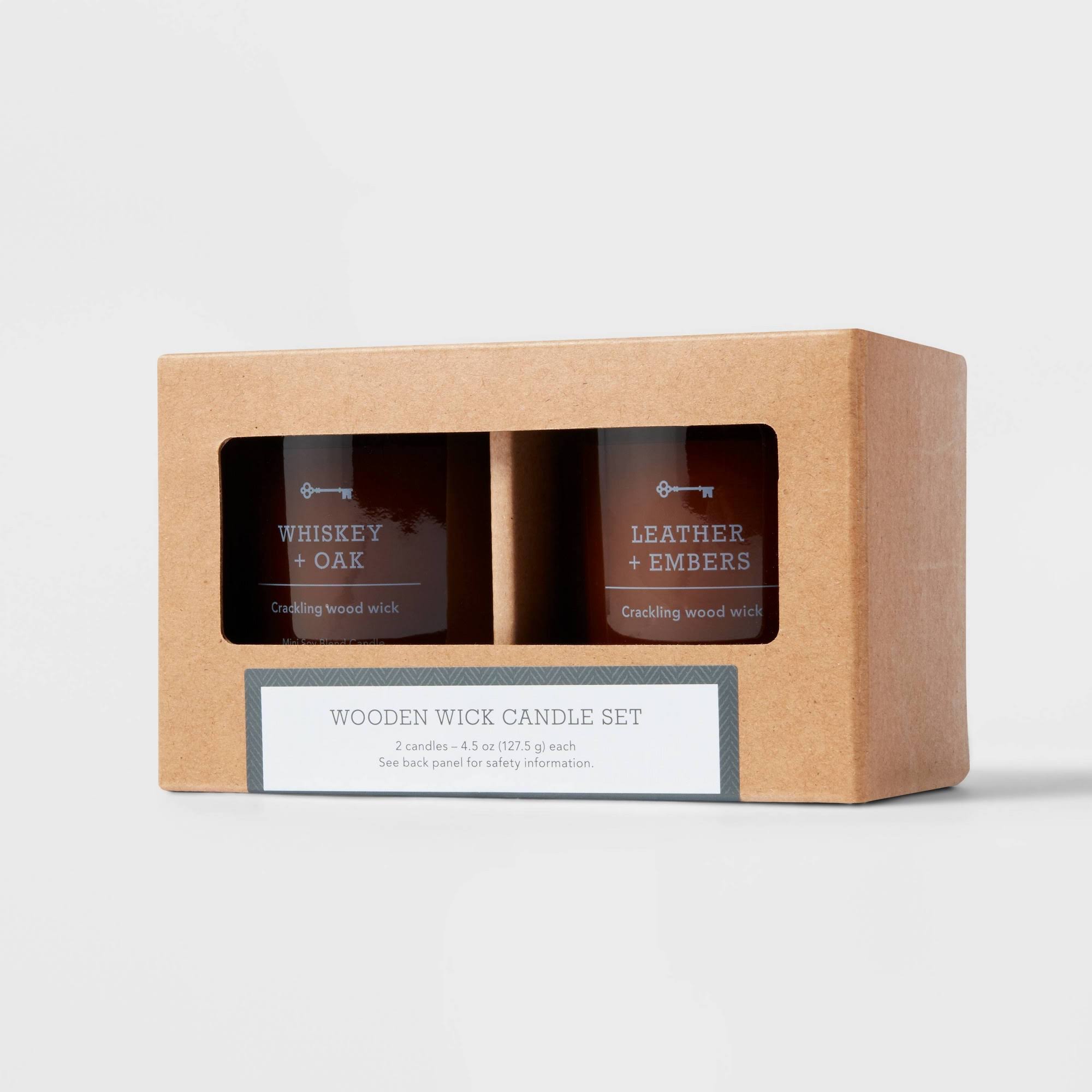 ccf3572178846e7cd6cd297d38f5d646580b8be01f5f60e7d46c82040a9f7efb.jpg Set of 2 4.5oz WoodWick Candles Gift Whiskey + Oak & Leather + Embers - Threshold - Image 1