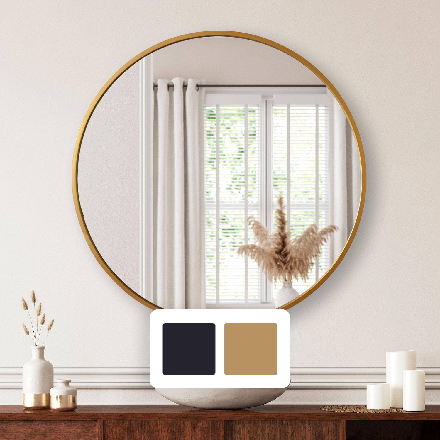 cd220c72331f13725cbd8ba5004484096ddd9a42f66ed483773f651fbbb2c374.jpg Jill Zarin 36' Elegant Round Metal Wall Mirror, Brass - Image 1