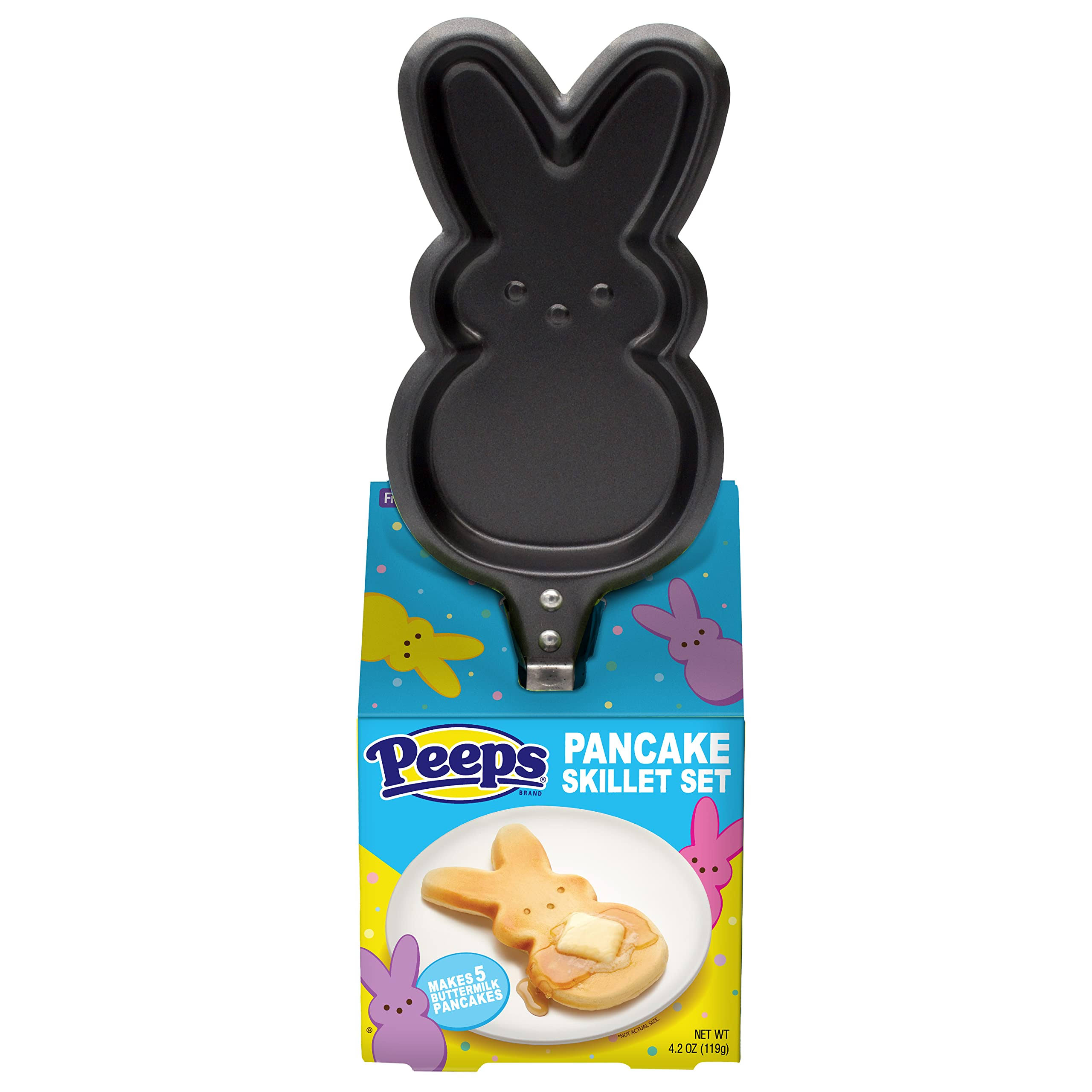 cd38f6ca9ff7f63b5783bc3964f9c5a931482562a537f4743bbce3025a39e0fc.jpg Peeps Bunny Buttermilk Pancake Box Gift Set Skillet Includes Pancake Mix and Peeps Bunny Shaped Skillet, Easter Basket Stuffer Gift for Toddlers Kids - Image 1