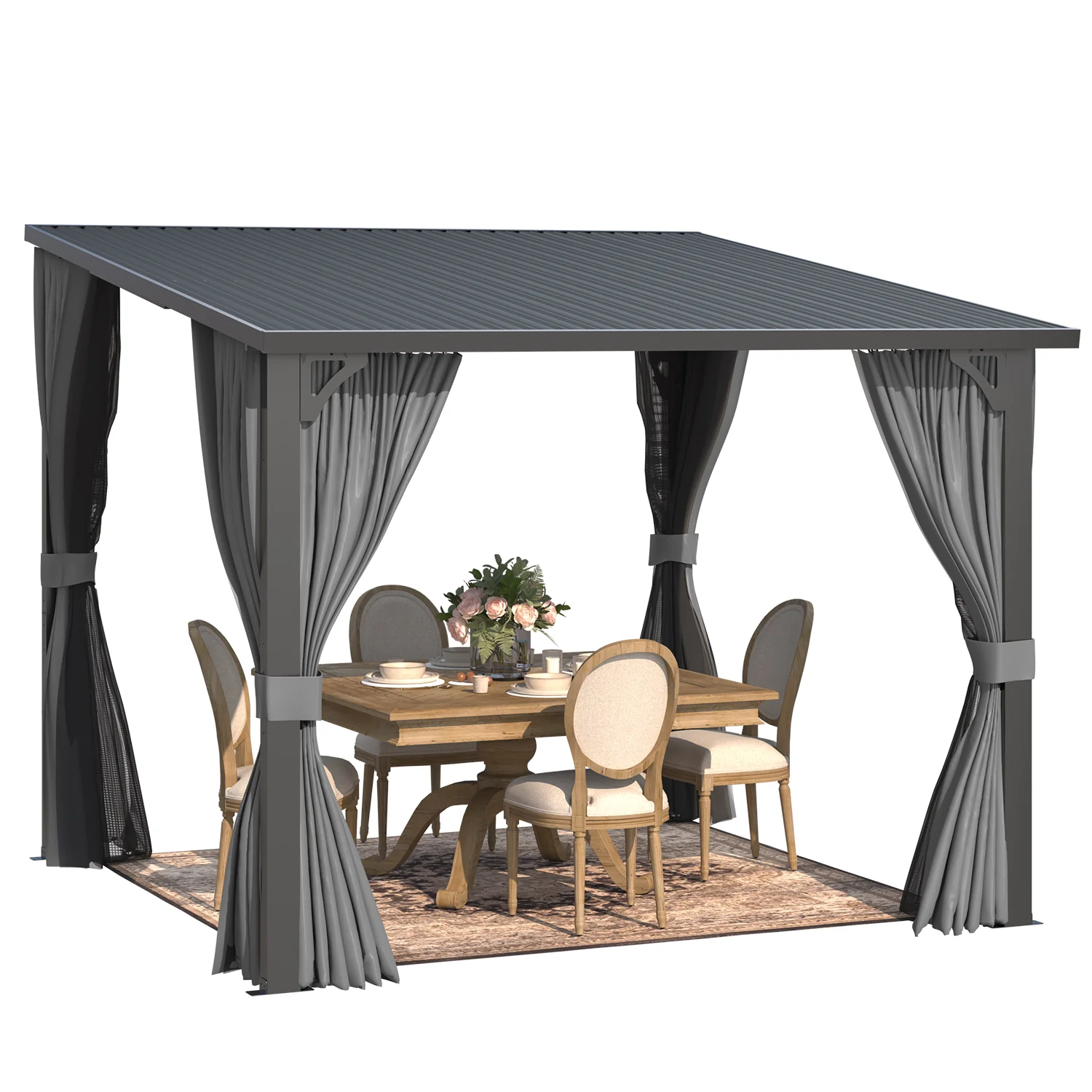 cdbe69e93f0d14f67a3bdb460193e7a25a3be9ce6ad72d0be4b8add0fa937a16.webp AECOJOY 10'x10' Outdoor Hardtop Metal Gazebo with Curtain and Netting - Image 1