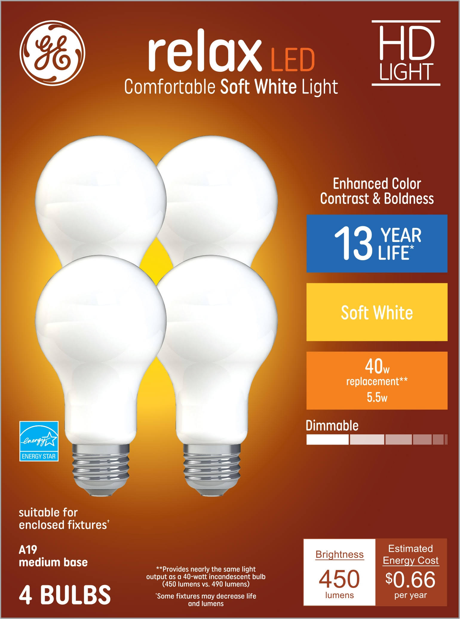 ce1101ebeac888a8c792150b96d63b8ccb4a791474d5a2330d82b07d0d467834.jpg GE Relax 4-Pack 40 W Equivalent Dimmable Soft White A19 LED Light Fixture Light Bulbs - Image 1