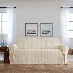 Box Cushion Sofa Slipcover Sure Fit Fabric: Natural/Blue Striped, Size: 40" H x 96" W x 39" D
