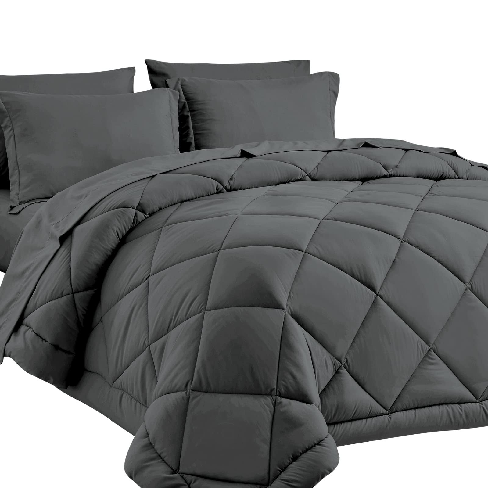 ce30804c1c4f4d8807d60600b87302e174d8d7554c4e0fe257e09475aaf38100.jpg CozyLux Queen Bed in A Bag 7-Pieces Comforter Sets with Comforter and Sheets Dark Grey All Season Bedding Sets with Comforter, Pillow Shams, Flat - Image 1