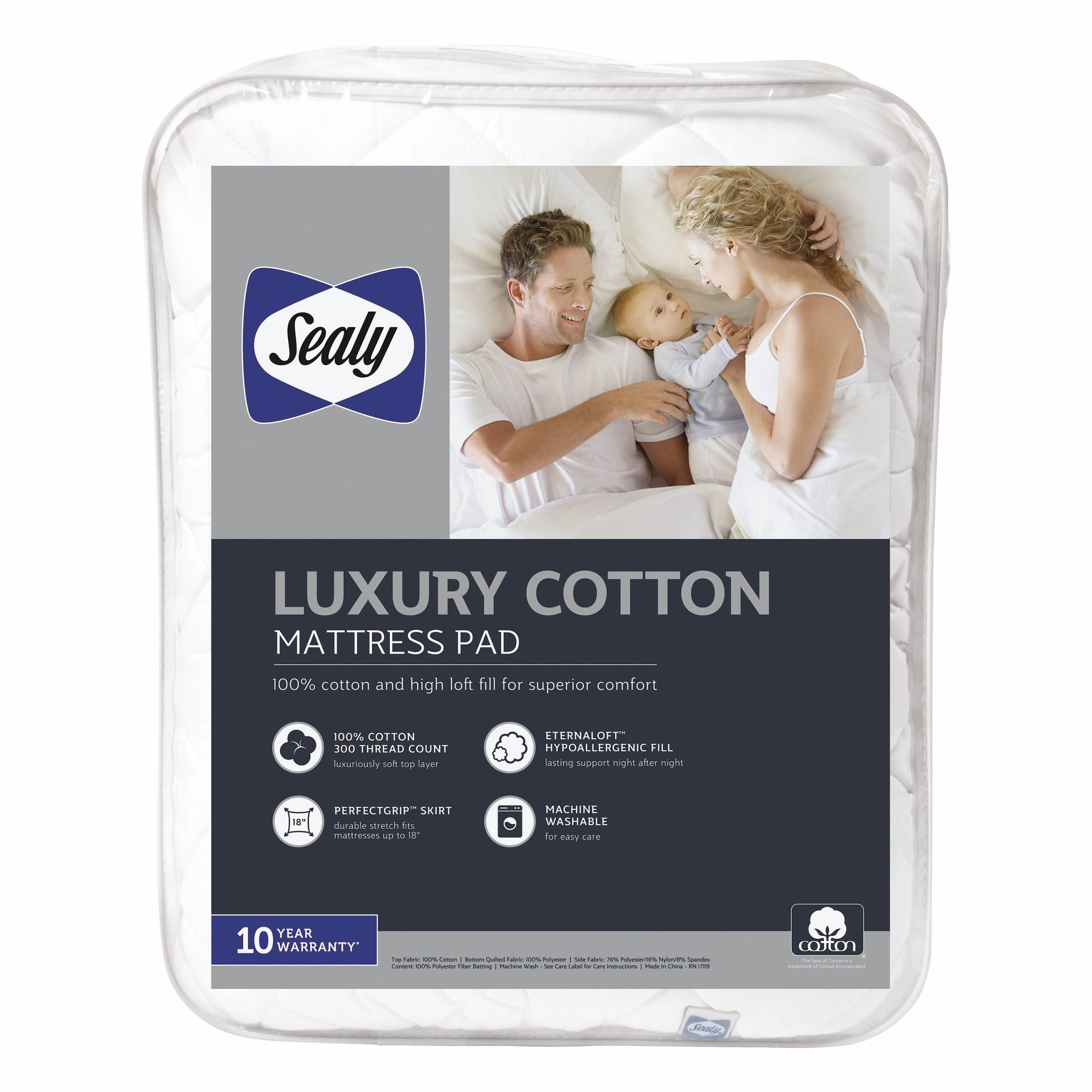 cec73165f6aaee306b0b69ff823f6cf1fbe9bffa4e9535428a347a701275e41e.jpg Sealy Luxury Cotton Mattress Pad - White (Queen) - Image 1