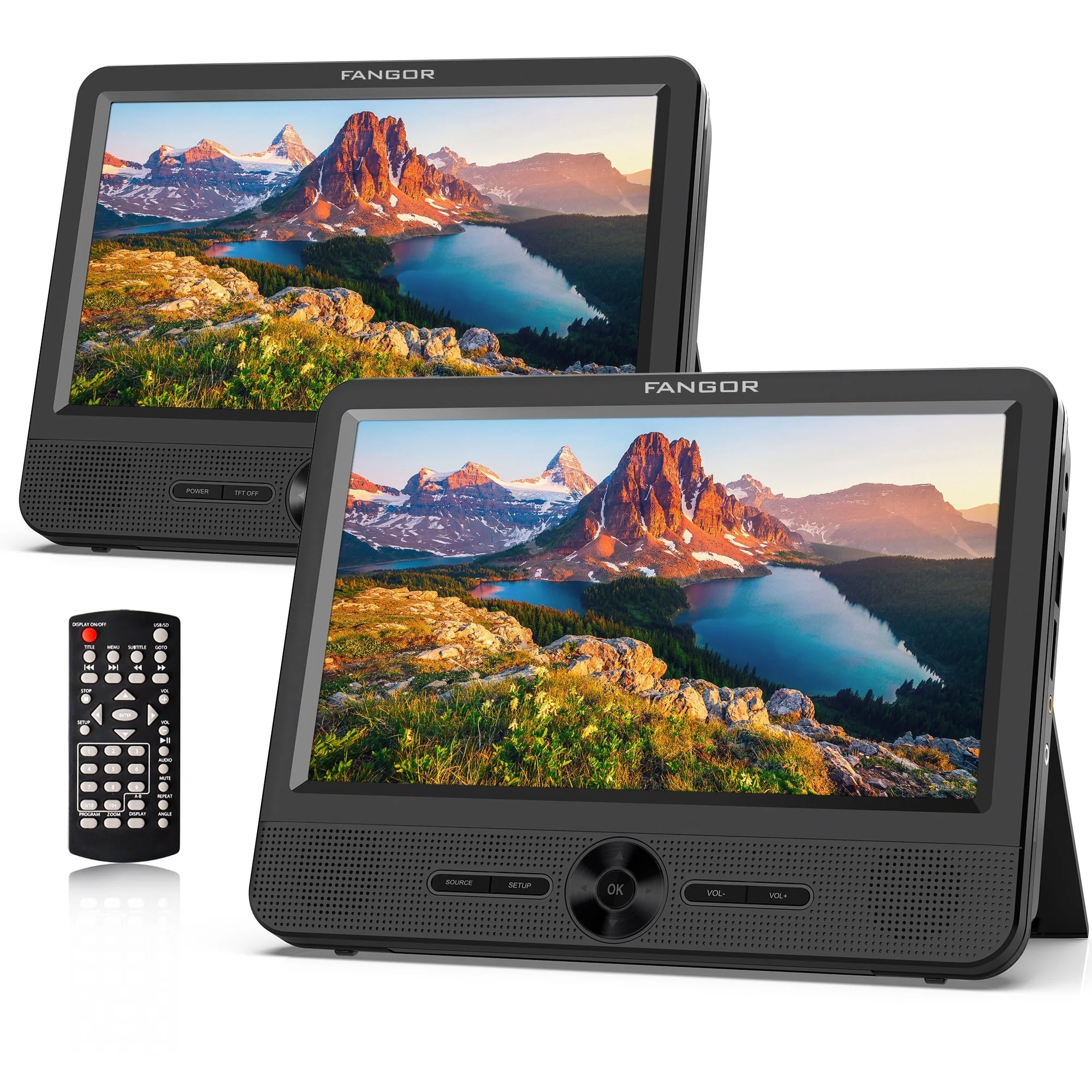 cf0e3ef3c4f40f9e7fa3bb3b2dcb673ab3cee9d2f77c6f2232b9bb0a2f82ca37.webp Fangor 10" Dual Screen Portable DVD for Car, Headrest DVD Player with Remote Control and 2 Headrest Bracket, Supports HDMI, USB Port, SD Card Slot, AV in /Out, Last Memory, Ideal Gift for Kids - Image 1